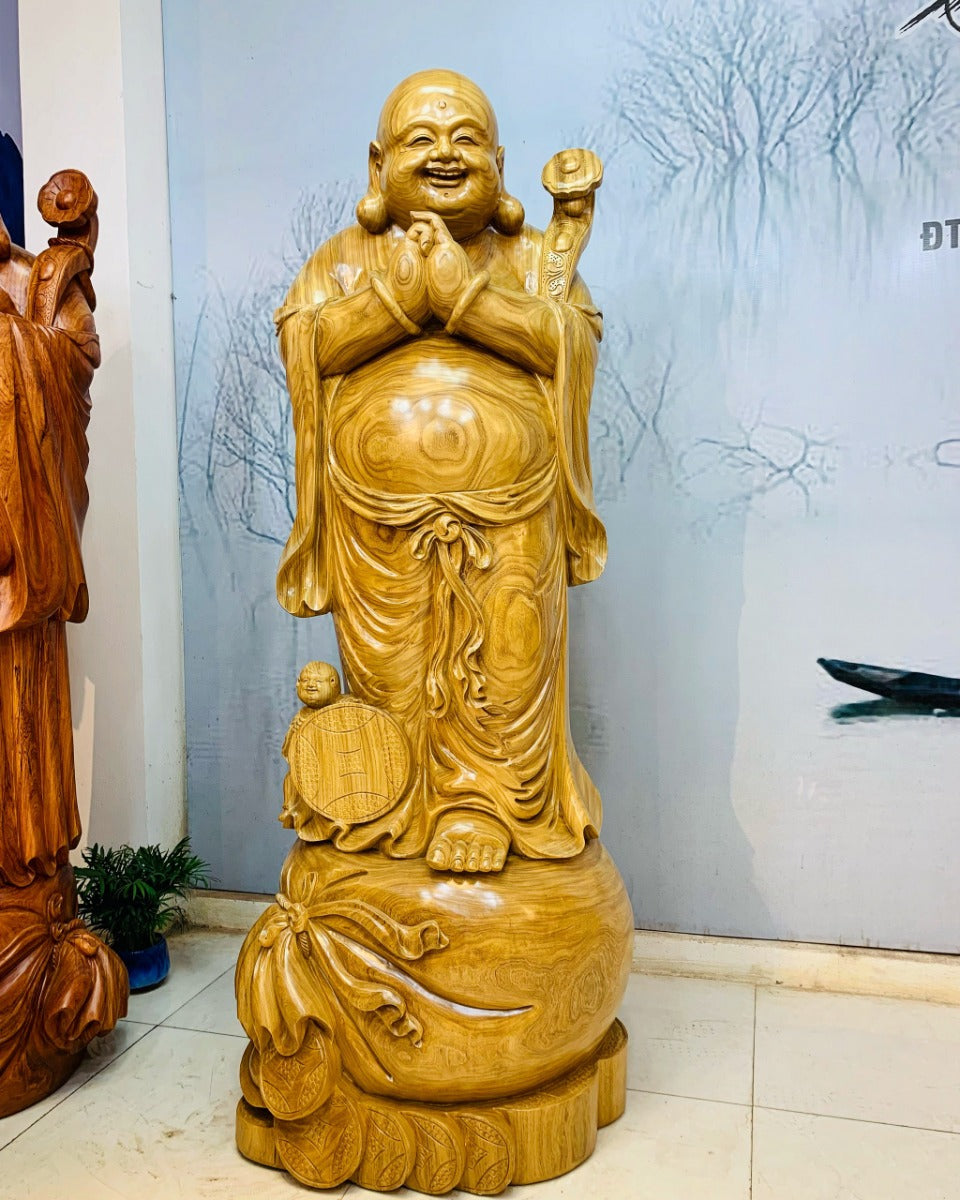 Di Lặc Chúc Phúc Phú Quý Gỗ Cẩm Vàng Cao 1m8