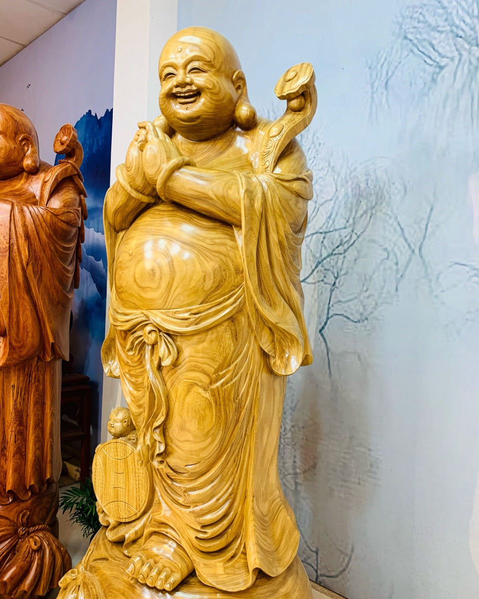 Di Lặc Chúc Phúc Phú Quý Gỗ Cẩm Vàng Cao 1m8