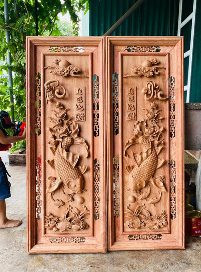 Tranh Cá Chép Vờn Ngọc Đục Kênh Boong - lý ngư vọng nguyệt