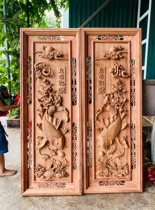Tranh Cá Chép Vờn Ngọc Đục Kênh Boong - lý ngư vọng nguyệt