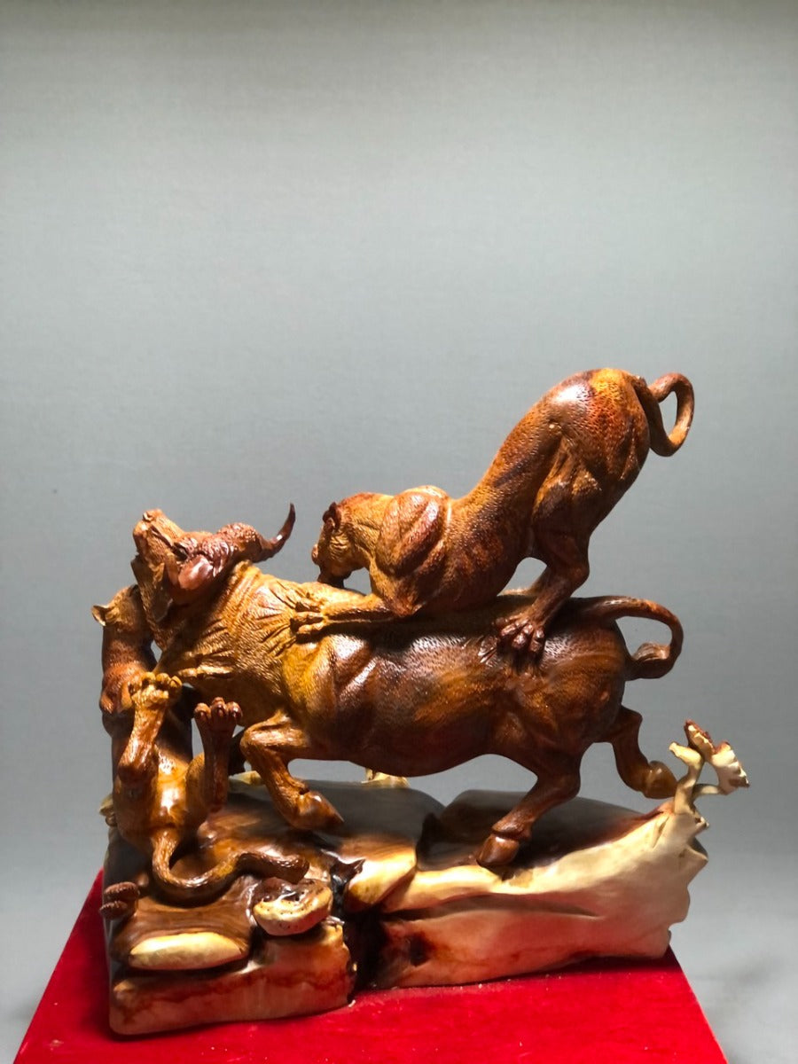 Tượng Song Báo Săn Trâu Rừng Gỗ Hương