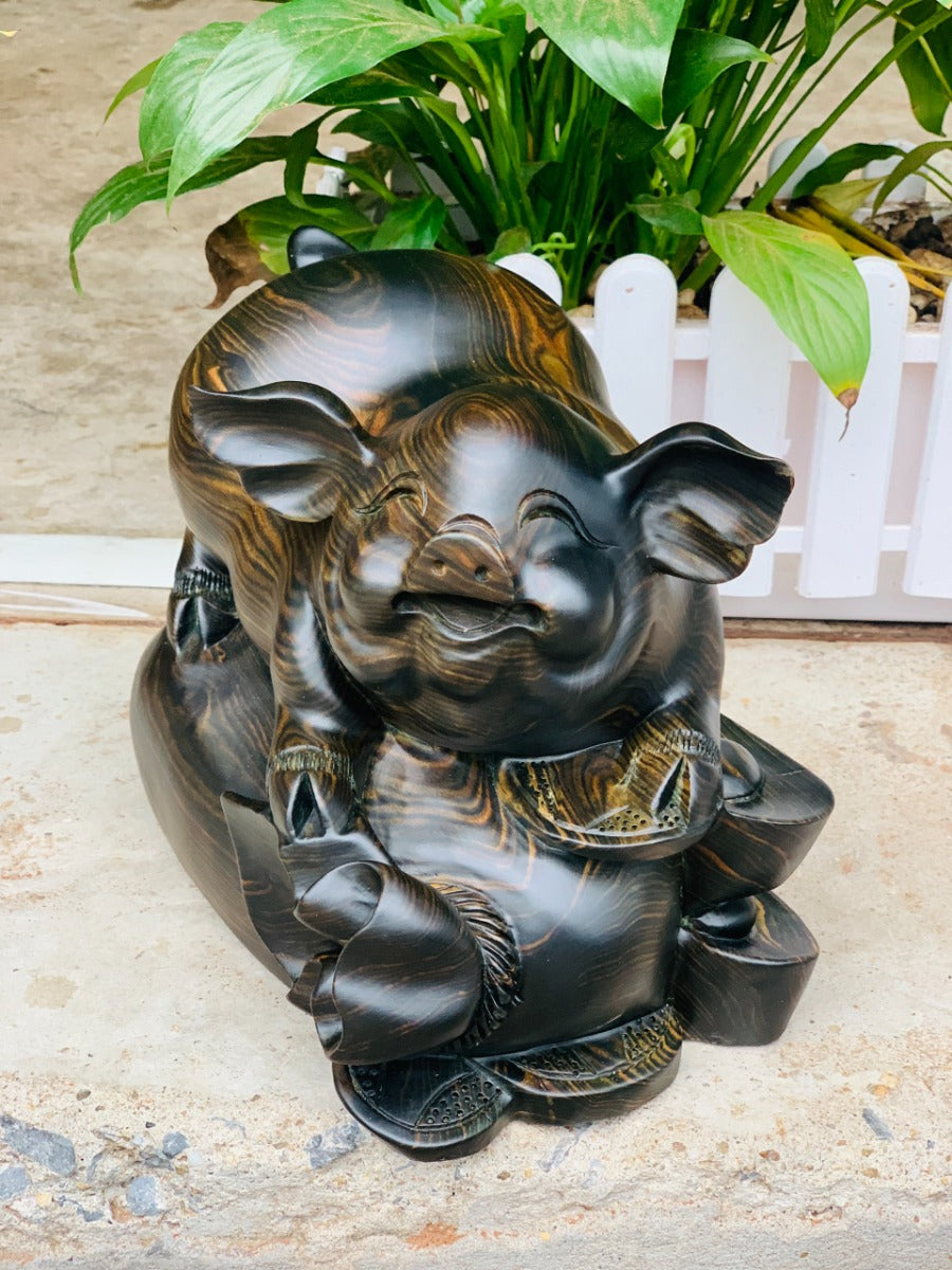 Linh Vật Con Heo Đứng Bao Tiền Gỗ Mun Hoa