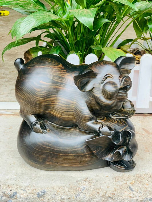 Linh Vật Con Heo Đứng Bao Tiền Gỗ Mun Hoa