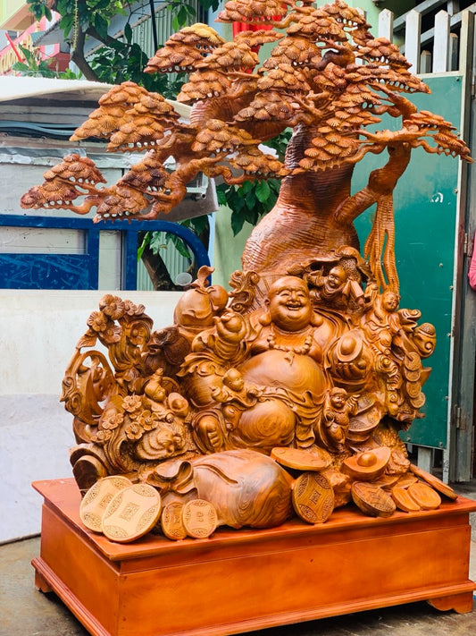 Di Lặc Ngũ Phước Ngồi Gốc Tùng  Gỗ Hương Gia Lai