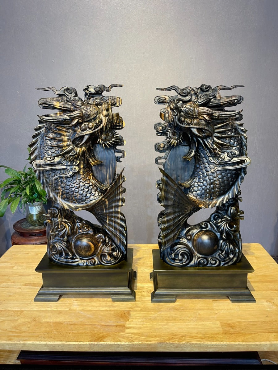 Cá Chép Hóa Rồng Gỗ Mun Hoa Cao 60