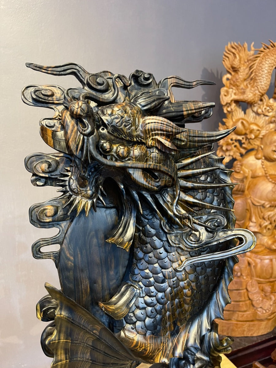 Cá Chép Hóa Rồng Gỗ Mun Hoa Cao 60