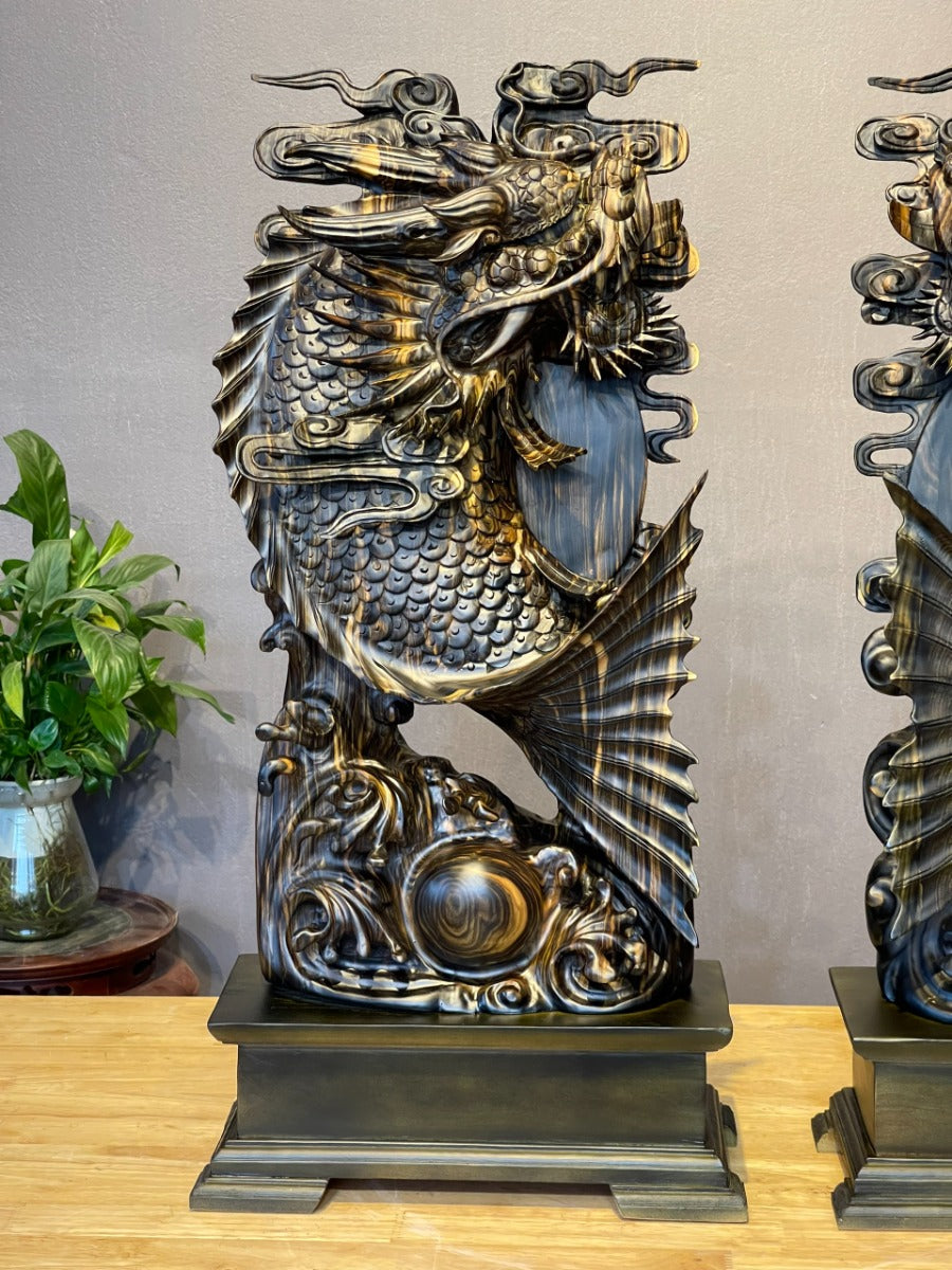 Cá Chép Hóa Rồng Gỗ Mun Hoa Cao 60