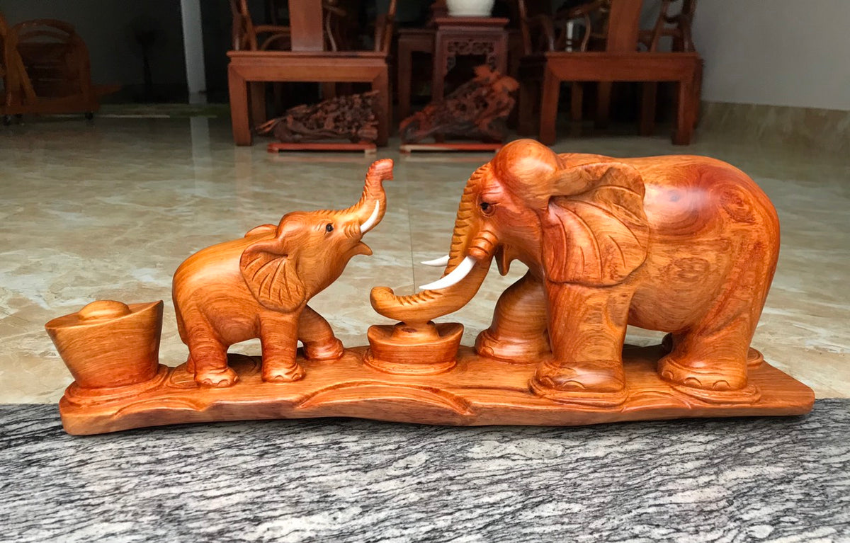 Cặp Voi Mẫu Tử Gỗ Hương  Cao 26cm