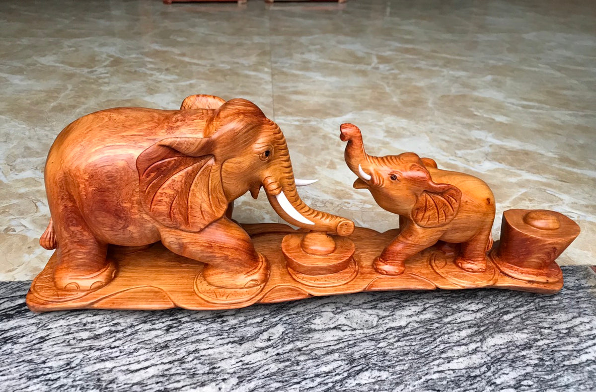 Cặp Voi Mẫu Tử Gỗ Hương  Cao 26cm