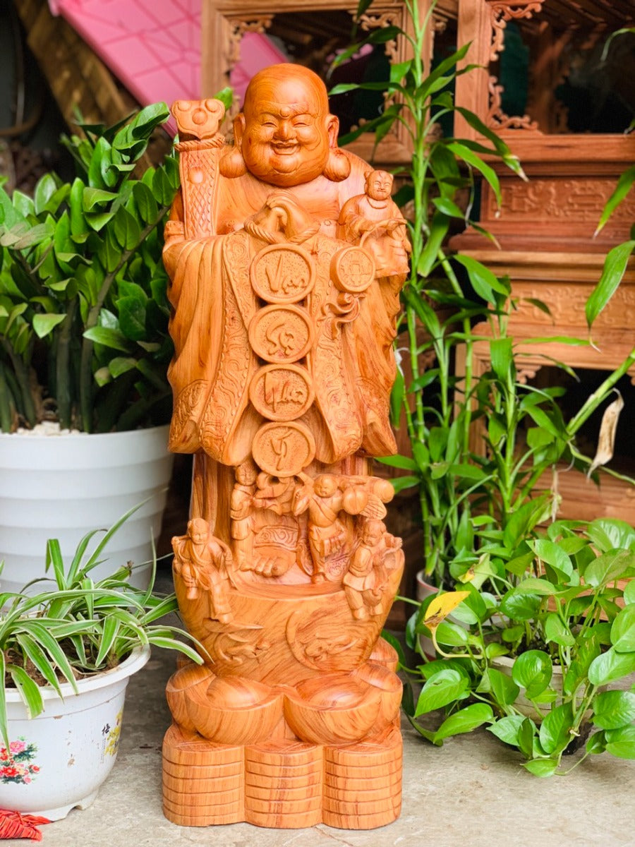 Tượng Gỗ Phật Di Lặc Chúc Phuc 5 Chú Tiểu