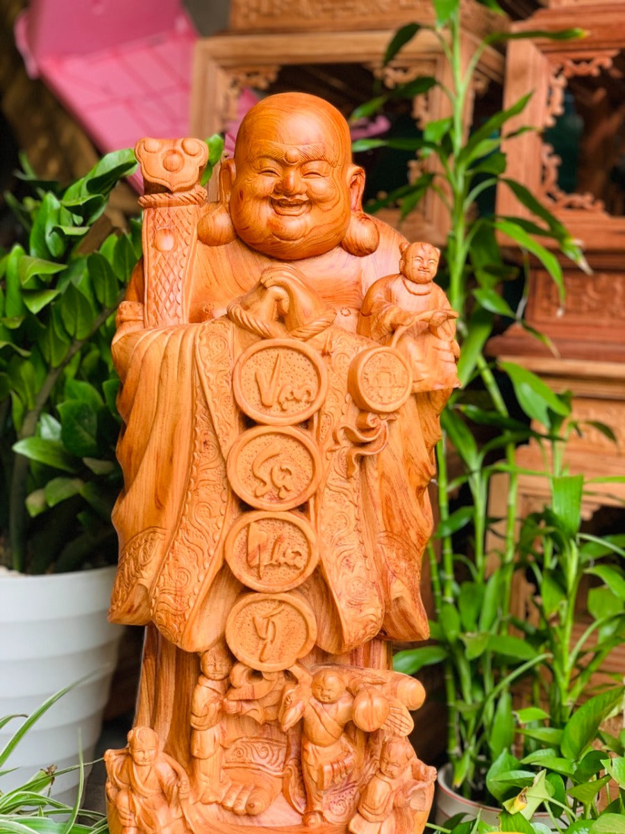 Tượng Gỗ Phật Di Lặc Chúc Phuc 5 Chú Tiểu