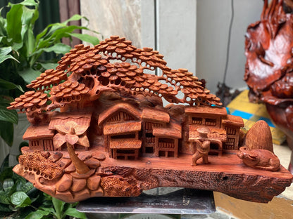 Tiểu Cảnh Thôn Quê - Gỗ Hương Ta Đục Khối Liền Tay Tuyệt Đẹp