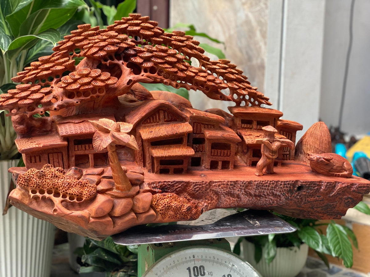 Tiểu Cảnh Thôn Quê - Gỗ Hương Ta Đục Khối Liền Tay Tuyệt Đẹp