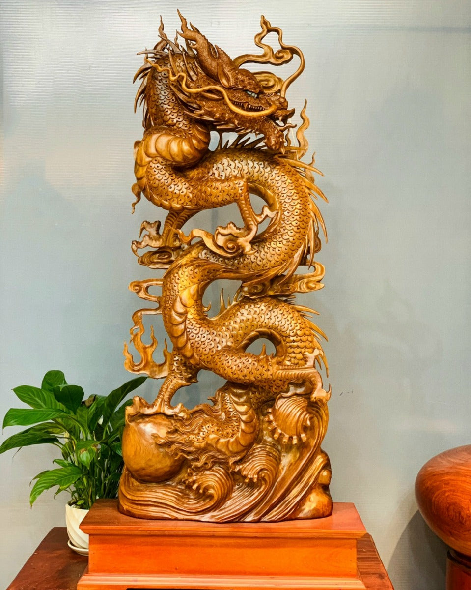 Tượng Nhất Long Bảo Châu Quyền Năng - Gỗ Ngọc Am