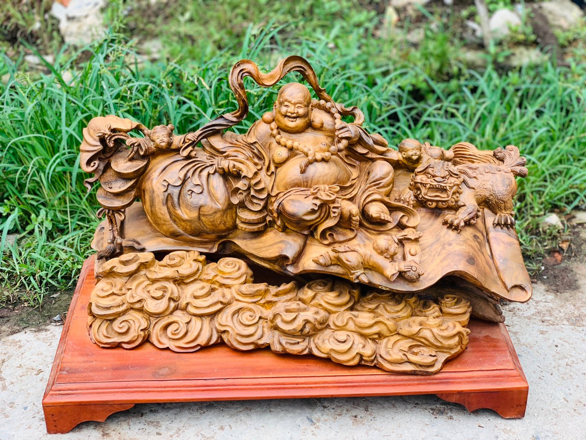 Tượng Di Lặc Tam Phúc Ngồi Cầm Cuốn Thư - Gỗ Bách Xanh