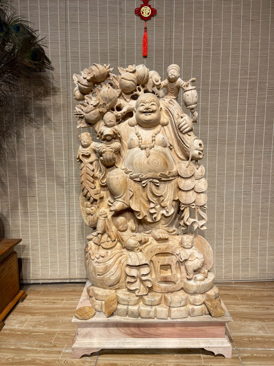 Tượng Phật Di Lặc Gánh Đào Ngũ Phúc - Gỗ Ngọc Am Cao 105cm