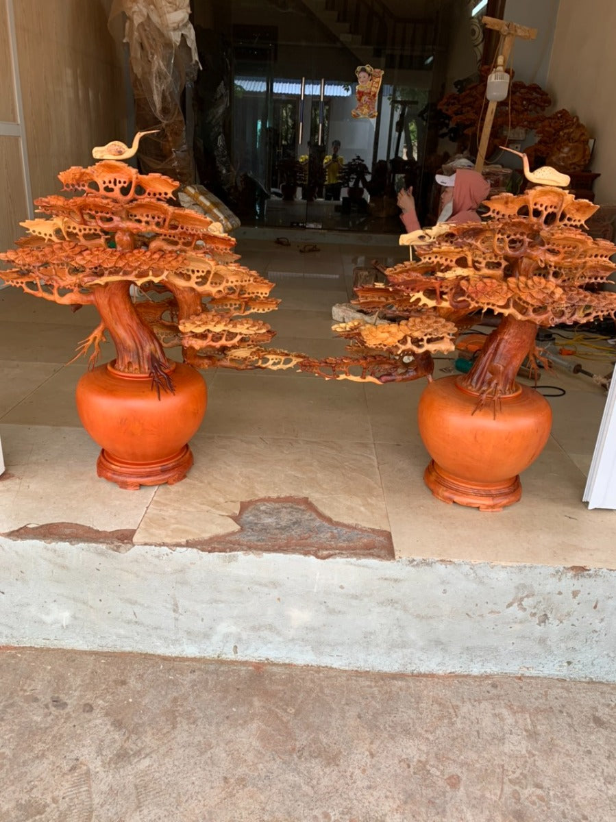 Cặp Bình Tùng Bonsai Ngũ Hạc - Gỗ Hương Ta Cao 88cm