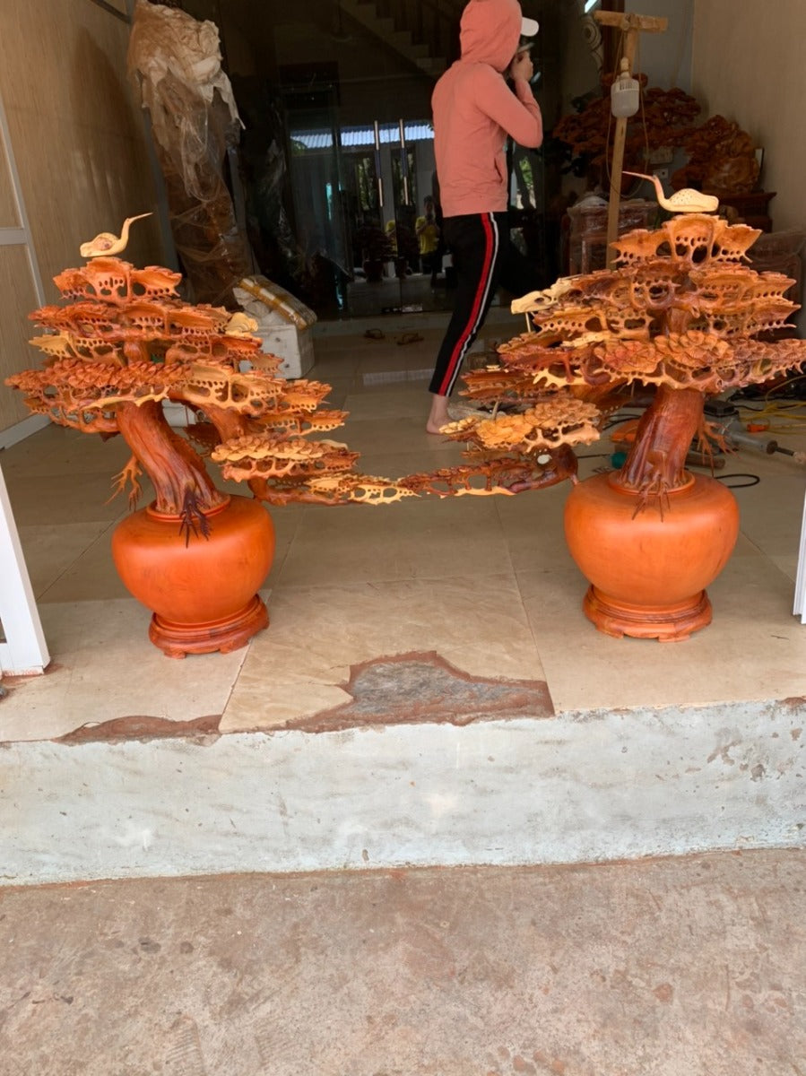 Cặp Bình Tùng Bonsai Ngũ Hạc - Gỗ Hương Ta Cao 88cm