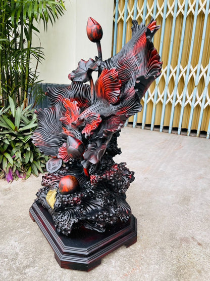 Tượng Cặp Cá Xiêm Tài Lộc - Gỗ Trắc Đỏ Đen Cao Cả Kỷ 75cm