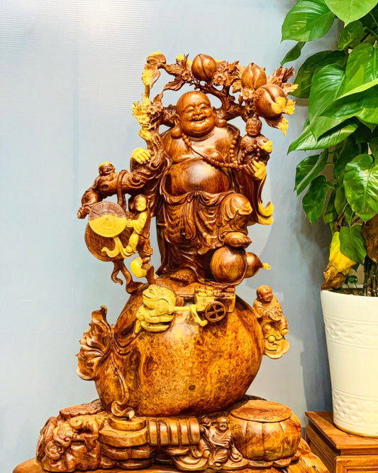 Tượng Phật Di Lặc Ngũ Phúc Vác Đào Đứng Bao Tiền - Gỗ Nu Hương