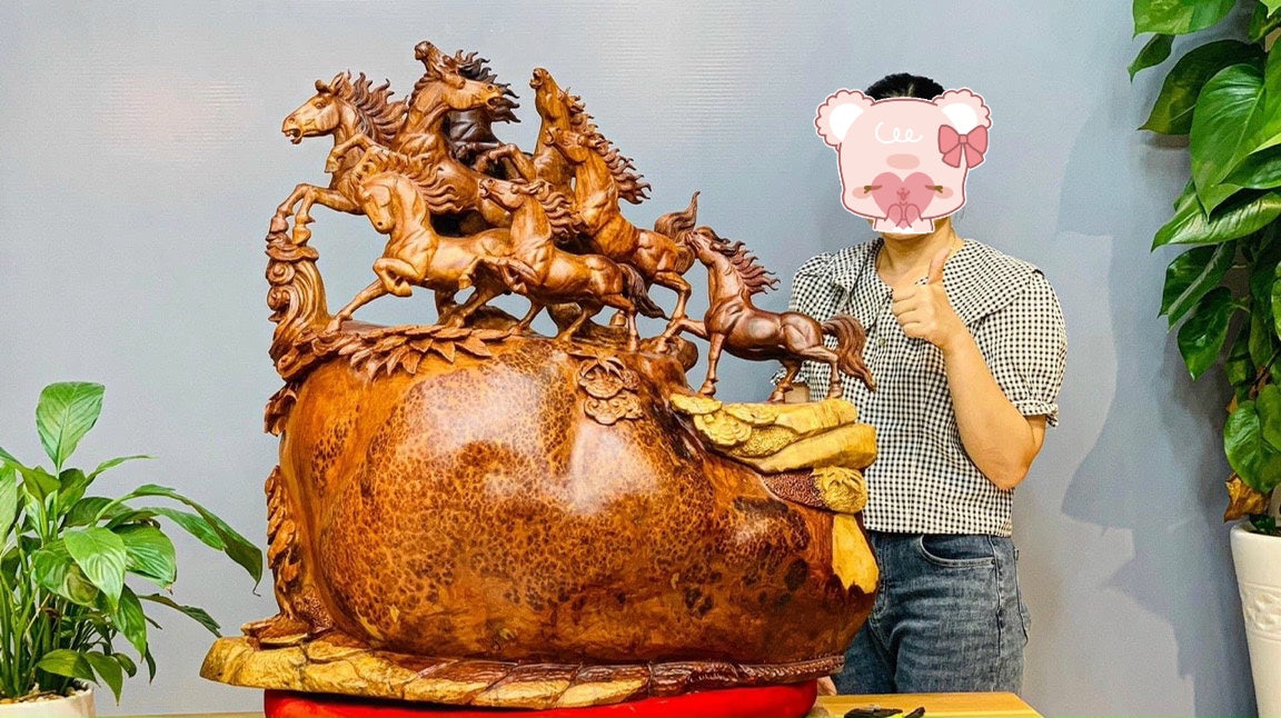 Tượng Bát Mã Truy Phong - Gỗ Nu Hương Cao 68cm Ngang 66cm