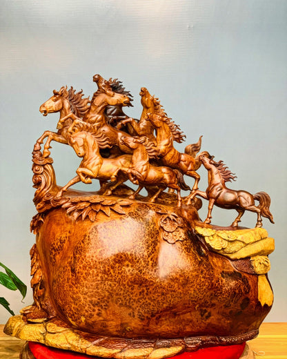 Tượng Bát Mã Truy Phong - Gỗ Nu Hương Cao 68cm Ngang 66cm