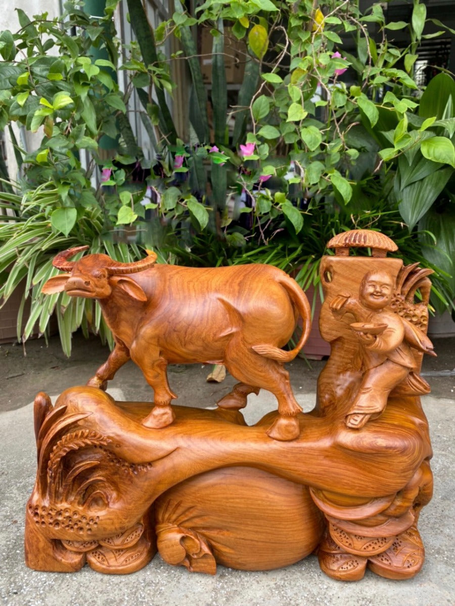 Tượng Tiểu Đồng Chăn Trâu Để Bàn - Gỗ Hương Việt
