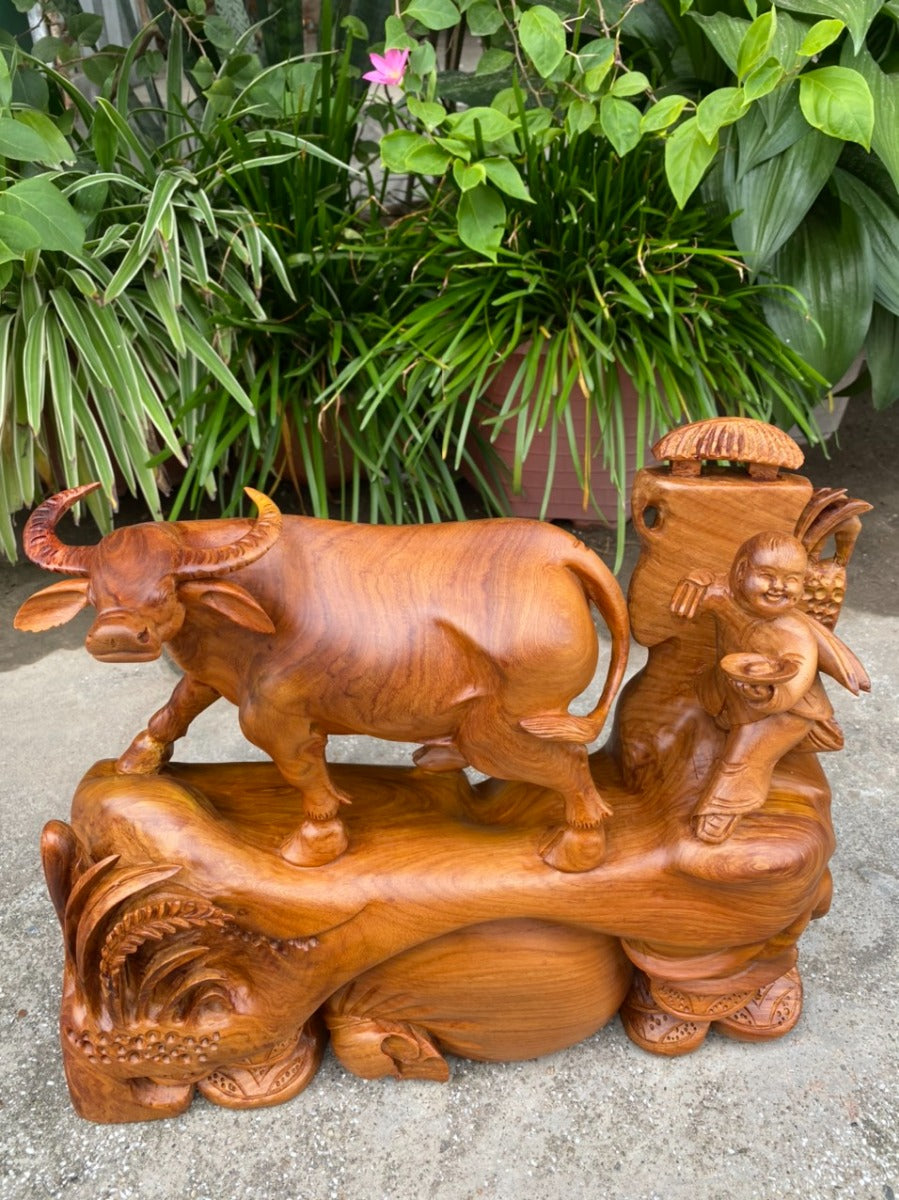 Tượng Tiểu Đồng Chăn Trâu Để Bàn - Gỗ Hương Việt