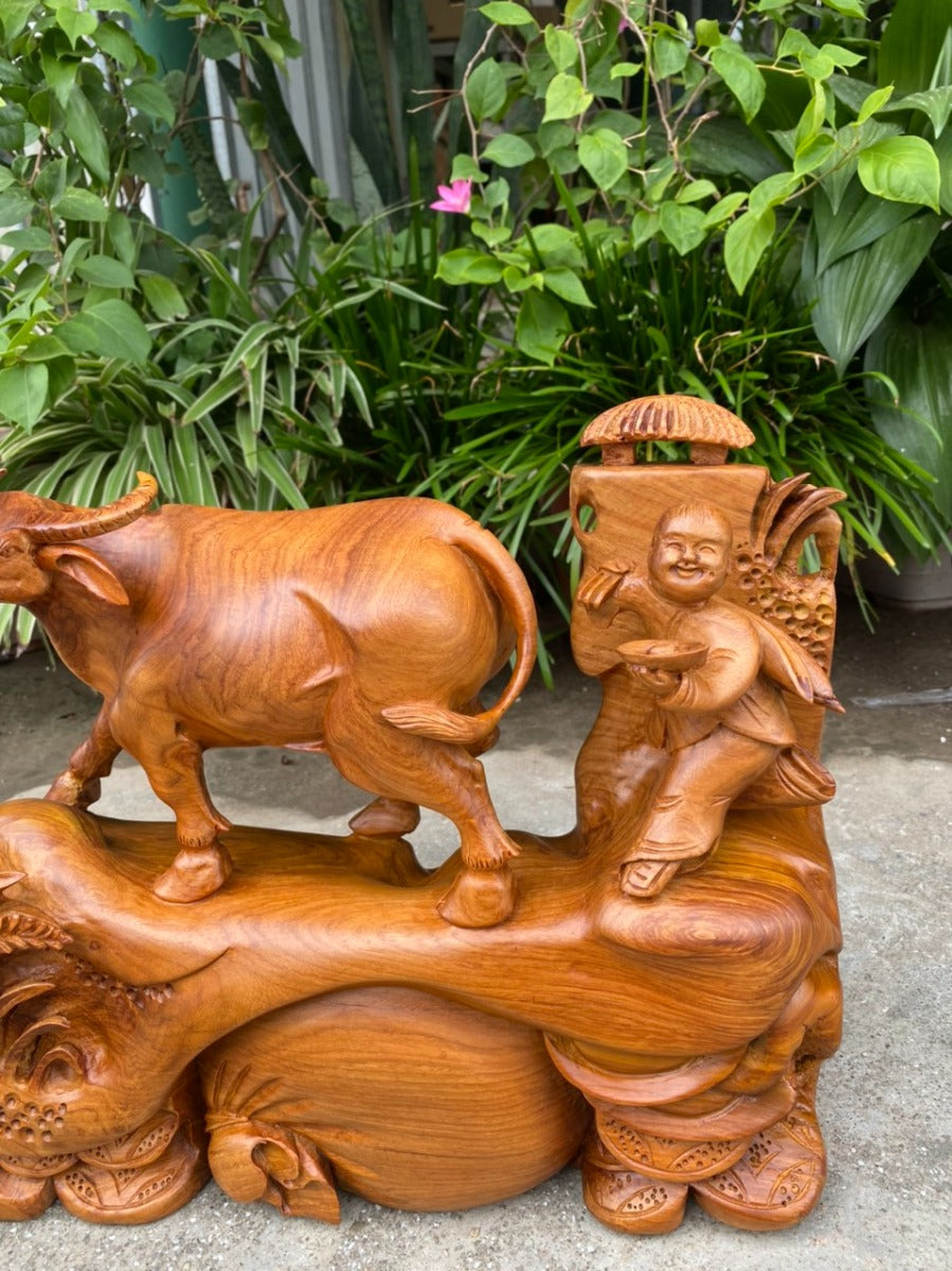 Tượng Tiểu Đồng Chăn Trâu Để Bàn - Gỗ Hương Việt