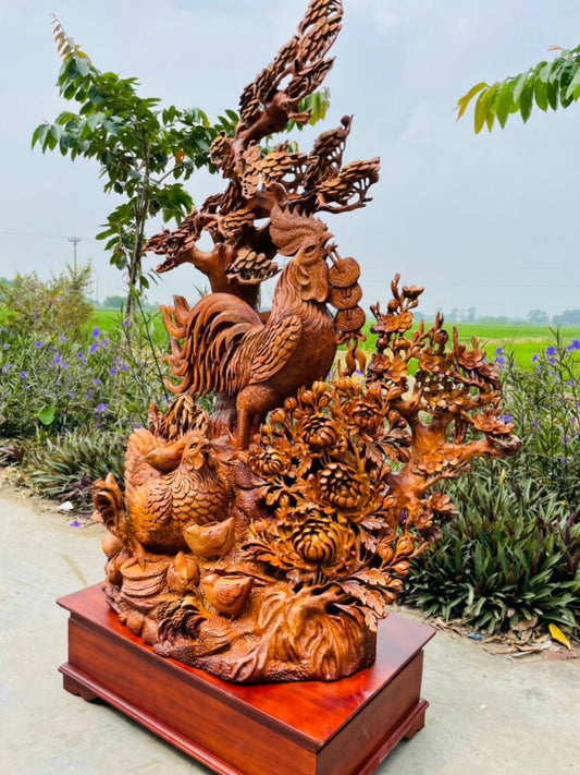 Tượng Gia Đình Gà 4 Mùa Hoa Phù Dung - Gỗ Hương Việt Cao 155cm