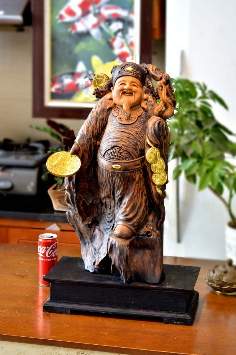Tượng Thần Tài Nghênh Hỷ - Gỗ Bách Xanh Thơm Tự Nhiên