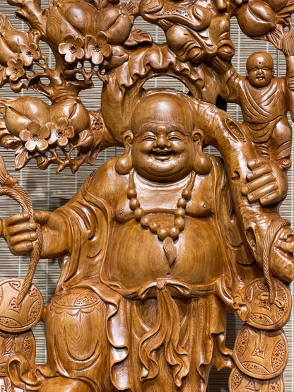 Tượng Phật Di Lặc Gánh Đào Ngũ Phúc - Gỗ Ngọc Am Cao 118cm Cả Kỷ