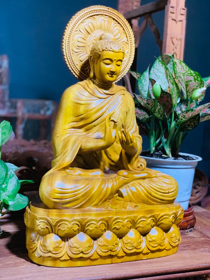 Tượng Phật Thích Ca Ngồi Đài Sen - Gỗ Gõ Vàng Sáng Ngời
