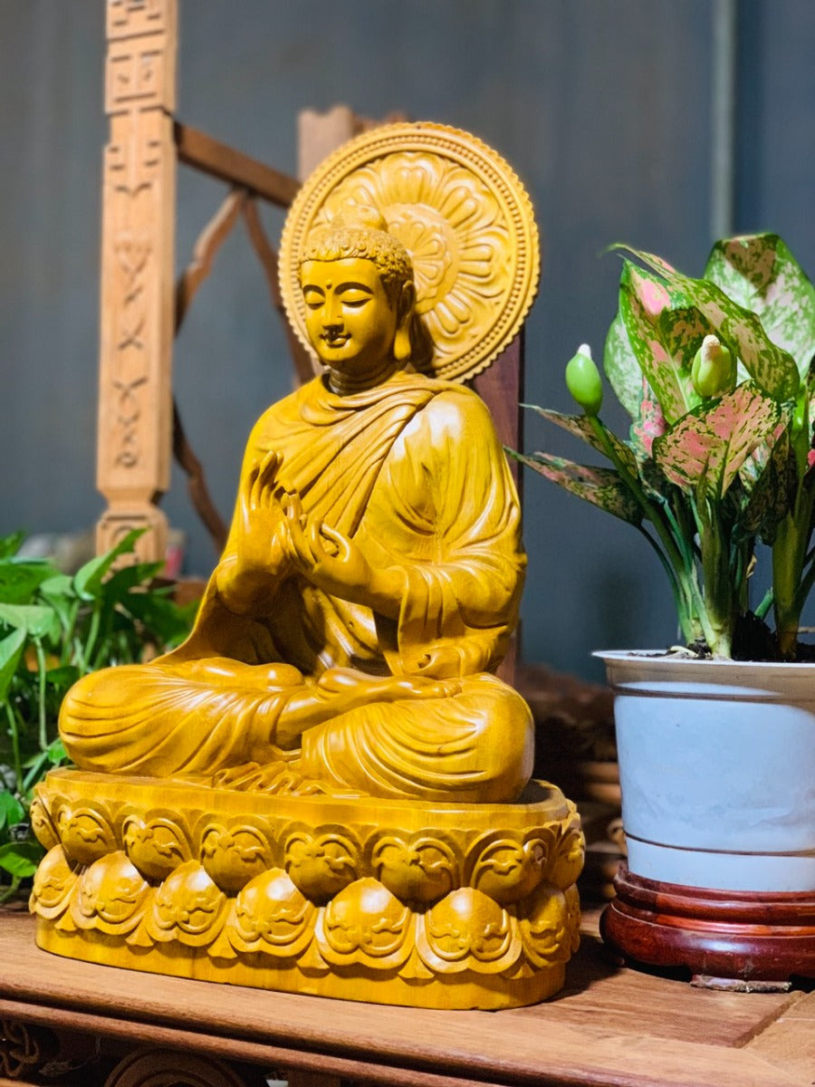 Tượng Phật Thích Ca Ngồi Đài Sen - Gỗ Gõ Vàng Sáng Ngời