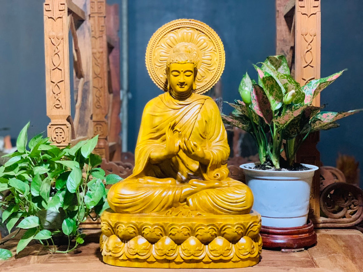 Tượng Phật Thích Ca Ngồi Đài Sen - Gỗ Gõ Vàng Sáng Ngời
