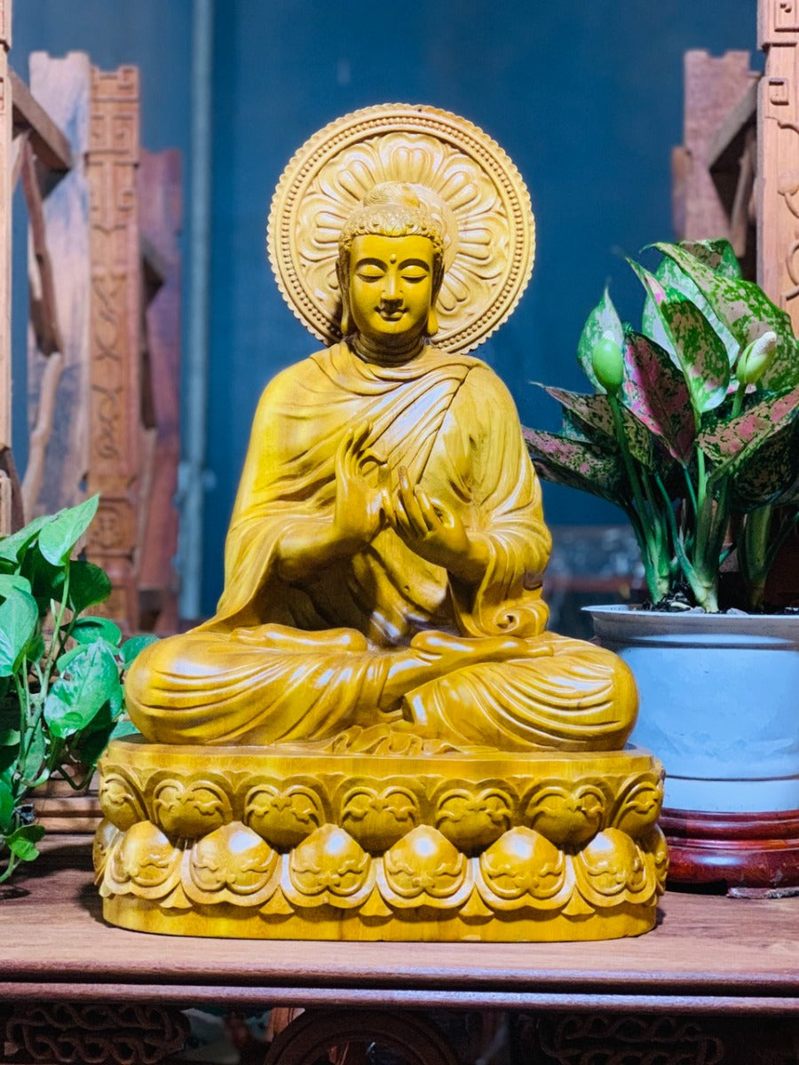 Tượng Phật Thích Ca Ngồi Đài Sen - Gỗ Gõ Vàng Sáng Ngời