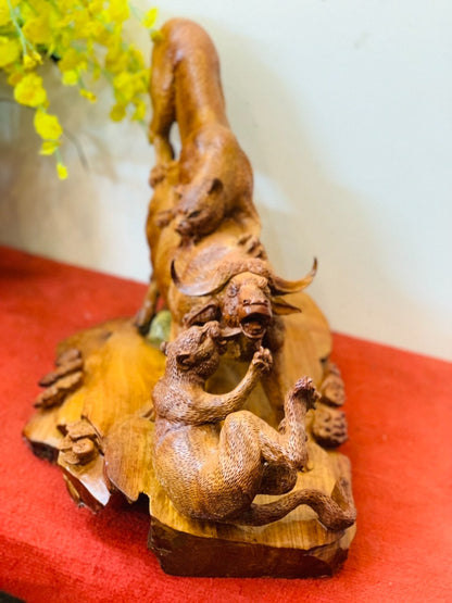 Tượng Song Báo Săn Trâu Rừng - Gỗ Hương Ta Tuyệt Đẹp