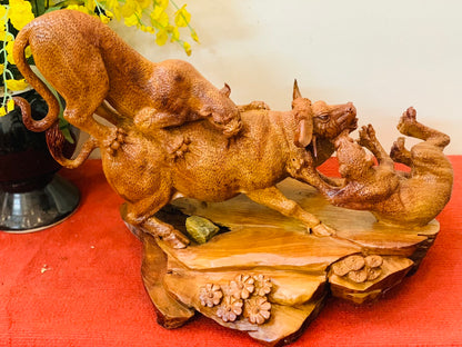 Tượng Song Báo Săn Trâu Rừng - Gỗ Hương Ta Tuyệt Đẹp