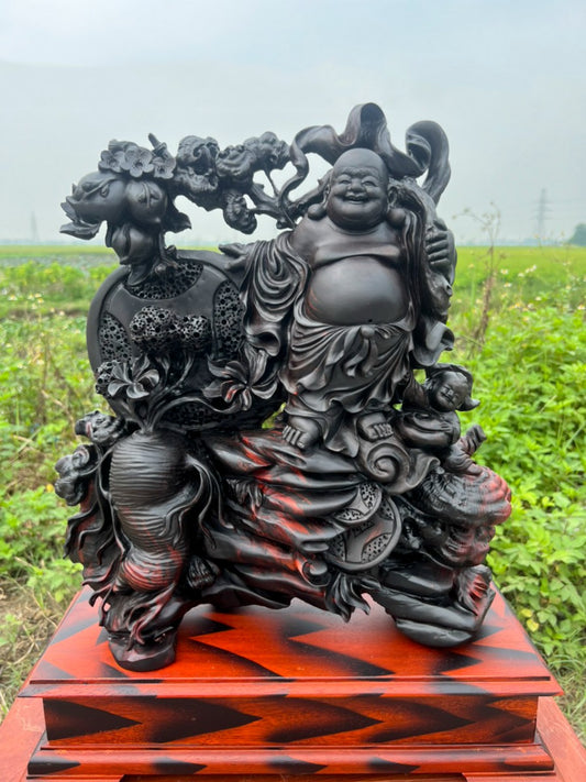Tượng Di Lặc Nhất Phúc Vác Đào - Gỗ Trắc Gia Lai Liền Khối Tặng Kỷ