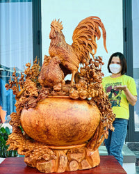 Tượng Gia Đình Gà 4 Mùa Sung Túc - Gỗ Nu Hương Tuyệt Phẩm Cao 120cm
