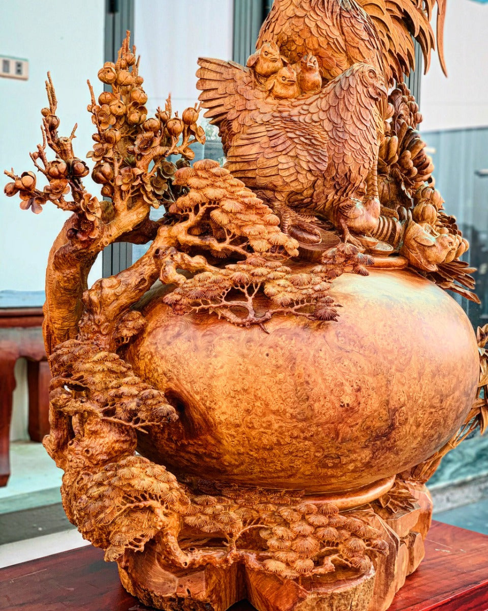 Tượng Gia Đình Gà 4 Mùa Sung Túc - Gỗ Nu Hương Tuyệt Phẩm Cao 120cm