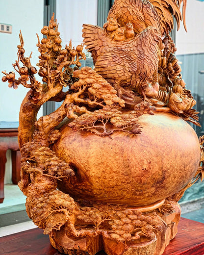 Tượng Gia Đình Gà 4 Mùa Sung Túc - Gỗ Nu Hương Tuyệt Phẩm Cao 120cm