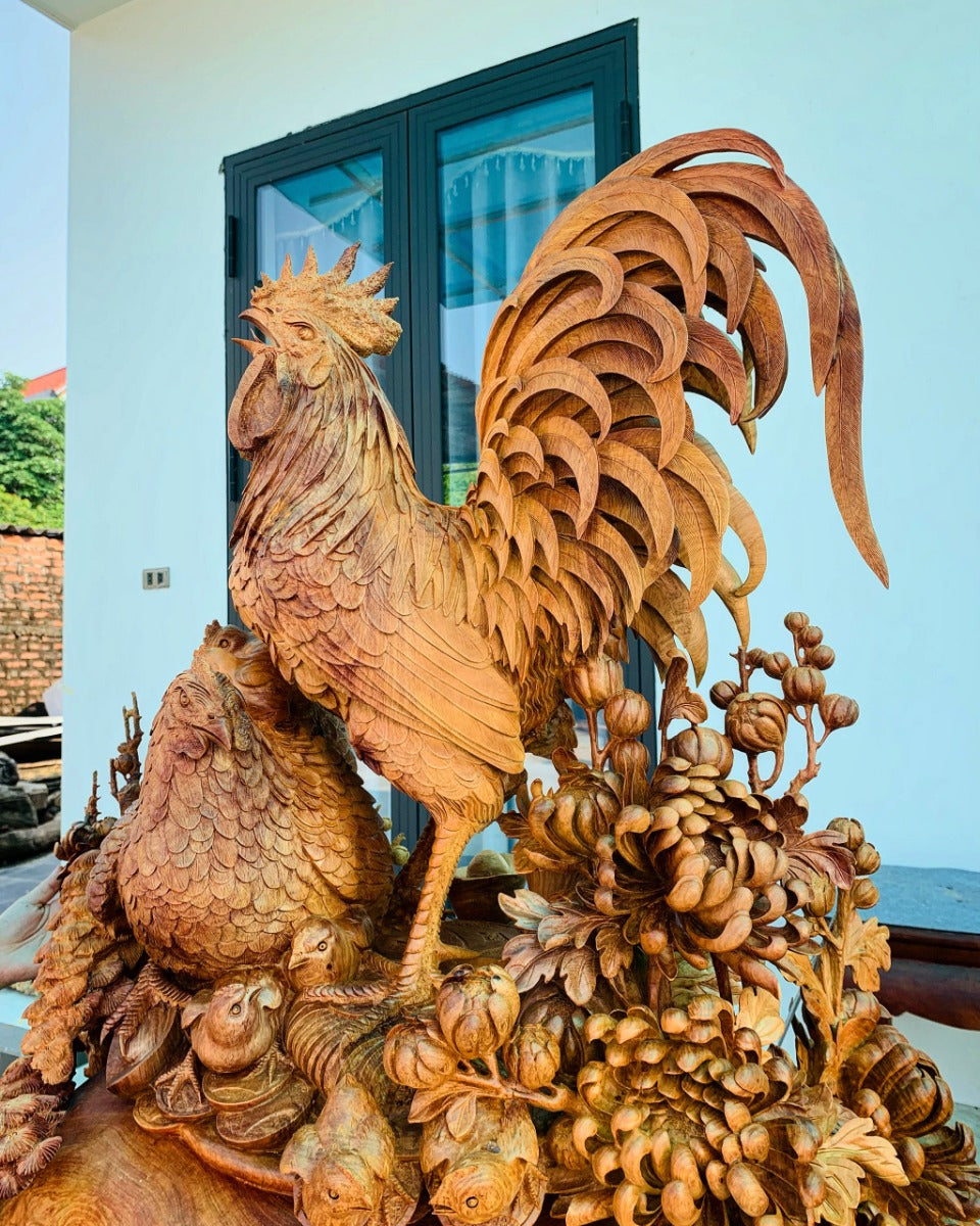 Tượng Gia Đình Gà 4 Mùa Sung Túc - Gỗ Nu Hương Tuyệt Phẩm Cao 120cm