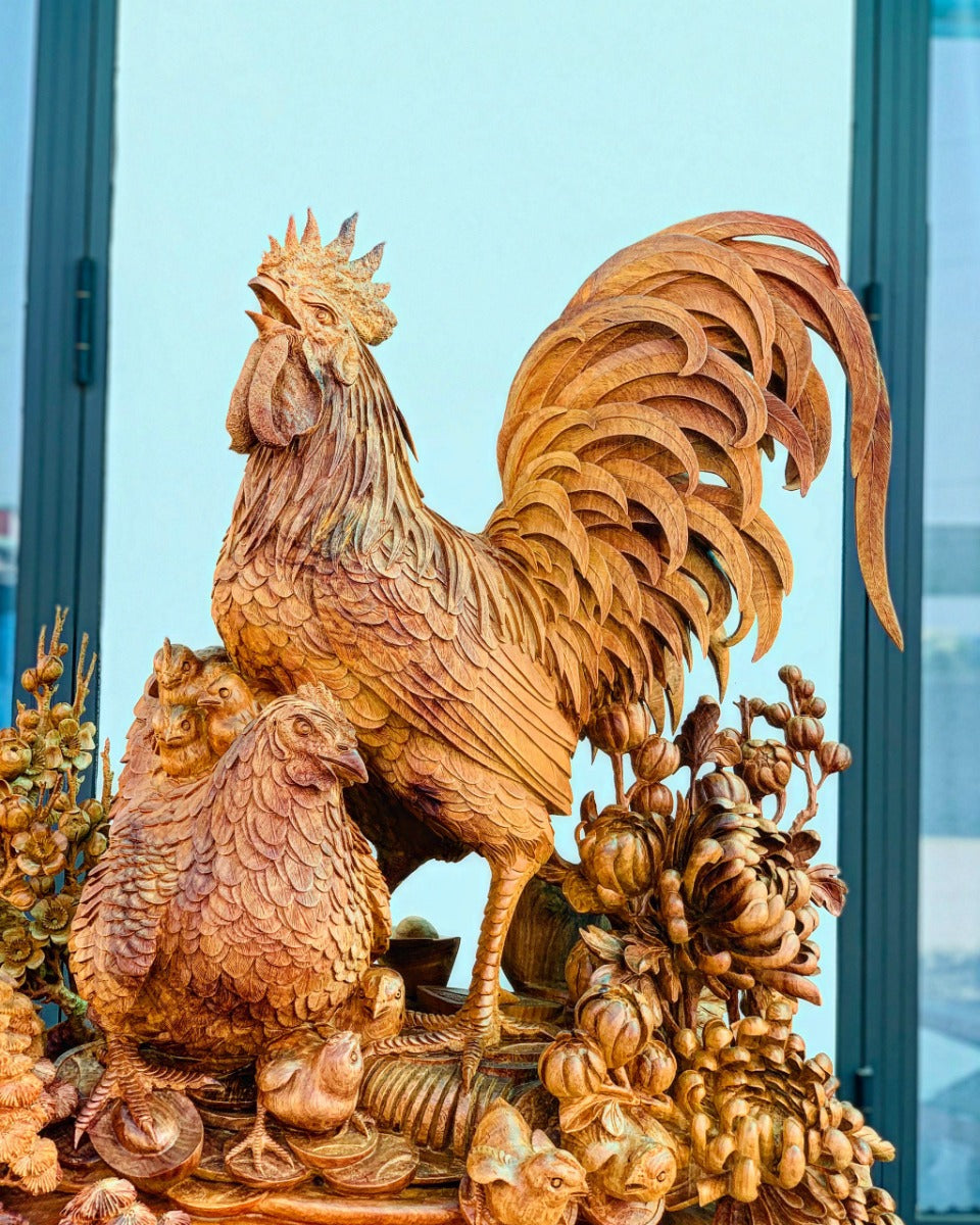 Tượng Gia Đình Gà 4 Mùa Sung Túc - Gỗ Nu Hương Tuyệt Phẩm Cao 120cm