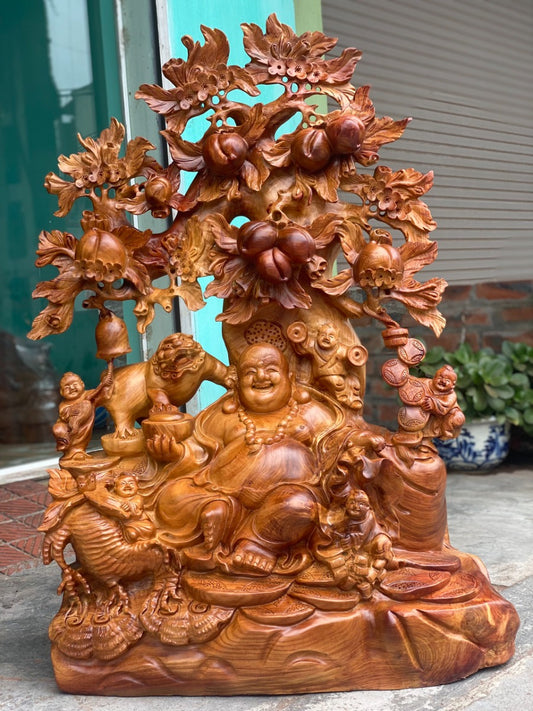 Tượng Di Lặc Ngũ Phúc Ngồi Gốc Đào - Gỗ Hương Gia Lai