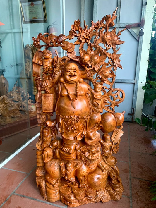 Tượng Phật Di Lặc Gánh Đào Cưỡi Kỳ Lân - Gỗ Hương Gia Lai