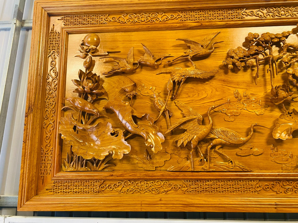 Tranh Ngũ Hạc Lưu Liên Gỗ Hương Đá - Món Quà Trường Thọ