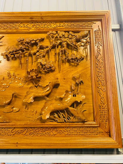 Tranh Ngũ Hạc Lưu Liên Gỗ Hương Đá - Món Quà Trường Thọ