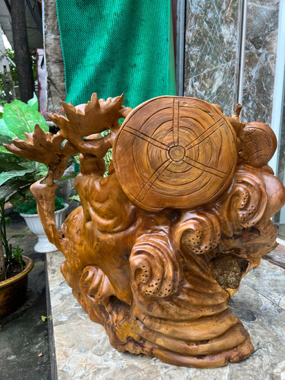 Tượng Phật Di Lặc Nhị Phúc Cưỡi Cá Chép - Gỗ Gù Hương Liền Khối