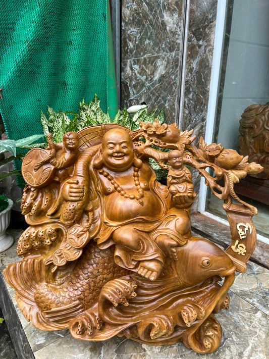 Tượng Phật Di Lặc Nhị Phúc Cưỡi Cá Chép - Gỗ Gù Hương Liền Khối